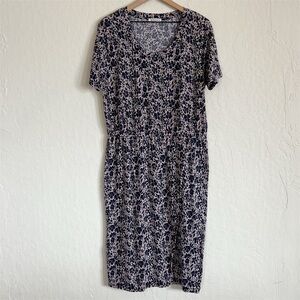 WoolOvers Short Sleeve Scoop Neck Midi Dress XL Cream Blue Floral Cotton Viscose